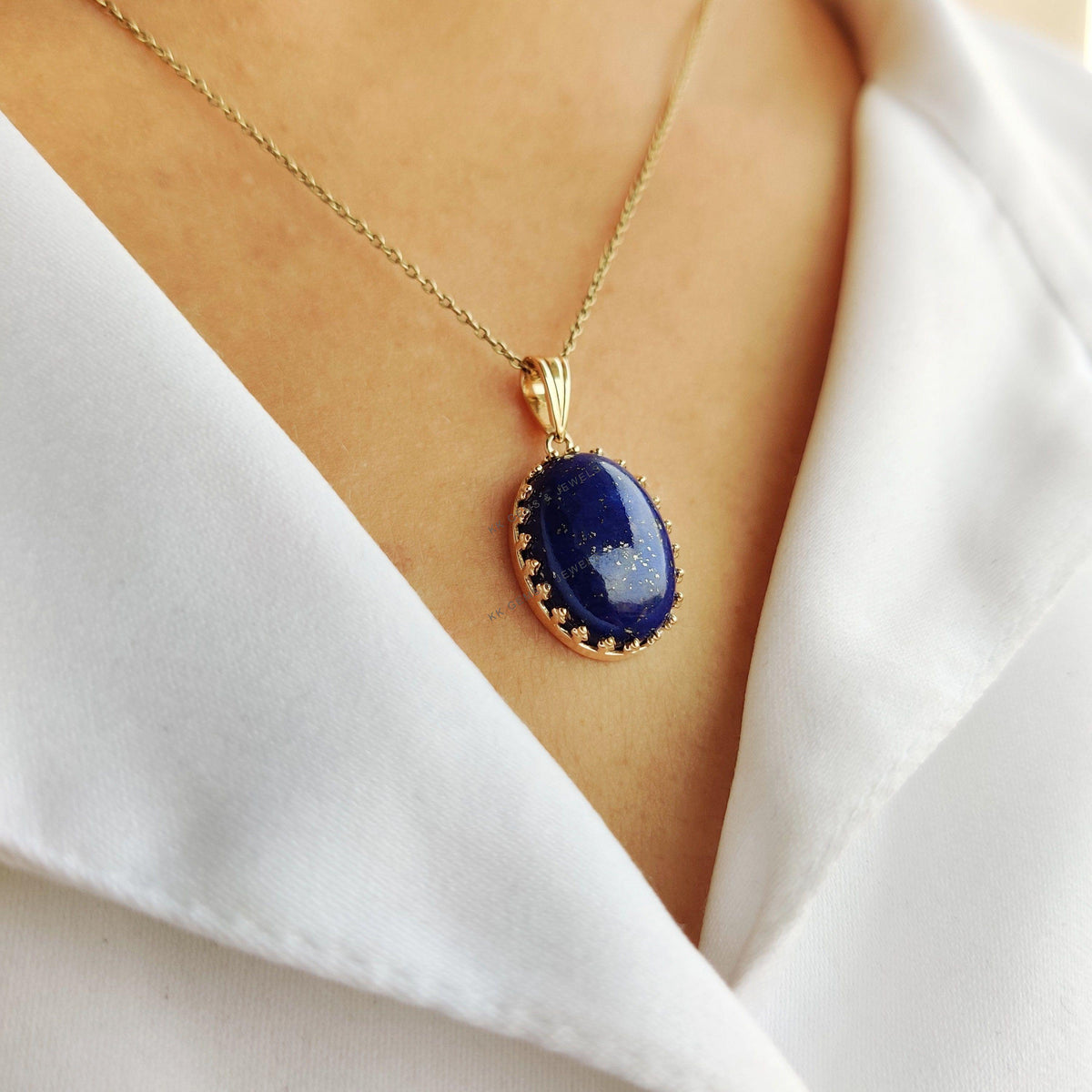 14K Solid Yellow Gold Natural Lapis Lazuli Pendant, September Birthstone