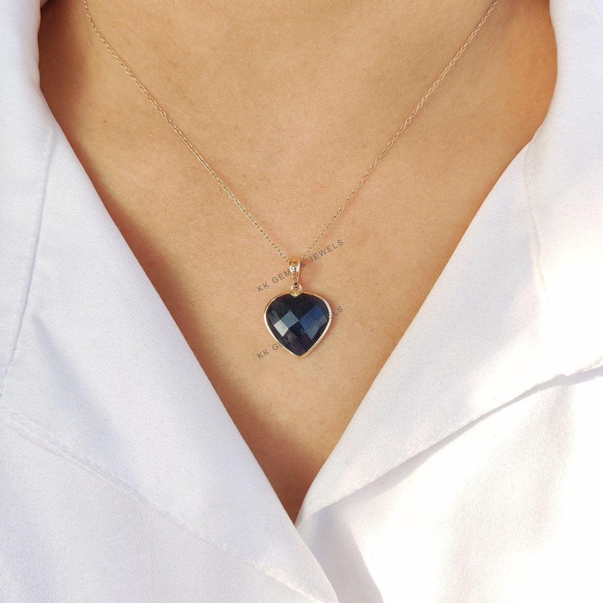 14K Solid Yellow Gold Natural Blue Sapphire Heart Pendant, September Birthstone