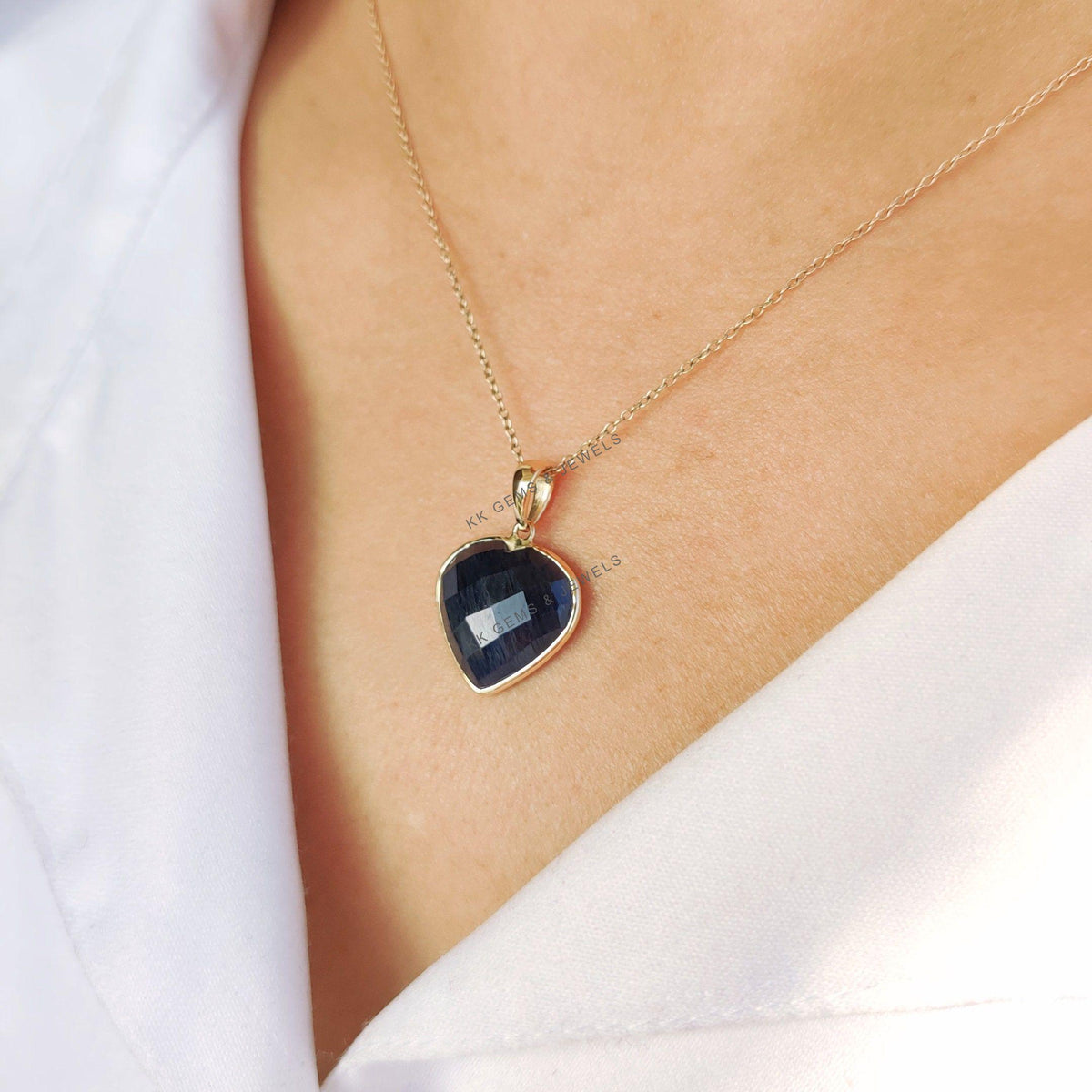 14K Solid Yellow Gold Natural Blue Sapphire Heart Pendant, September Birthstone