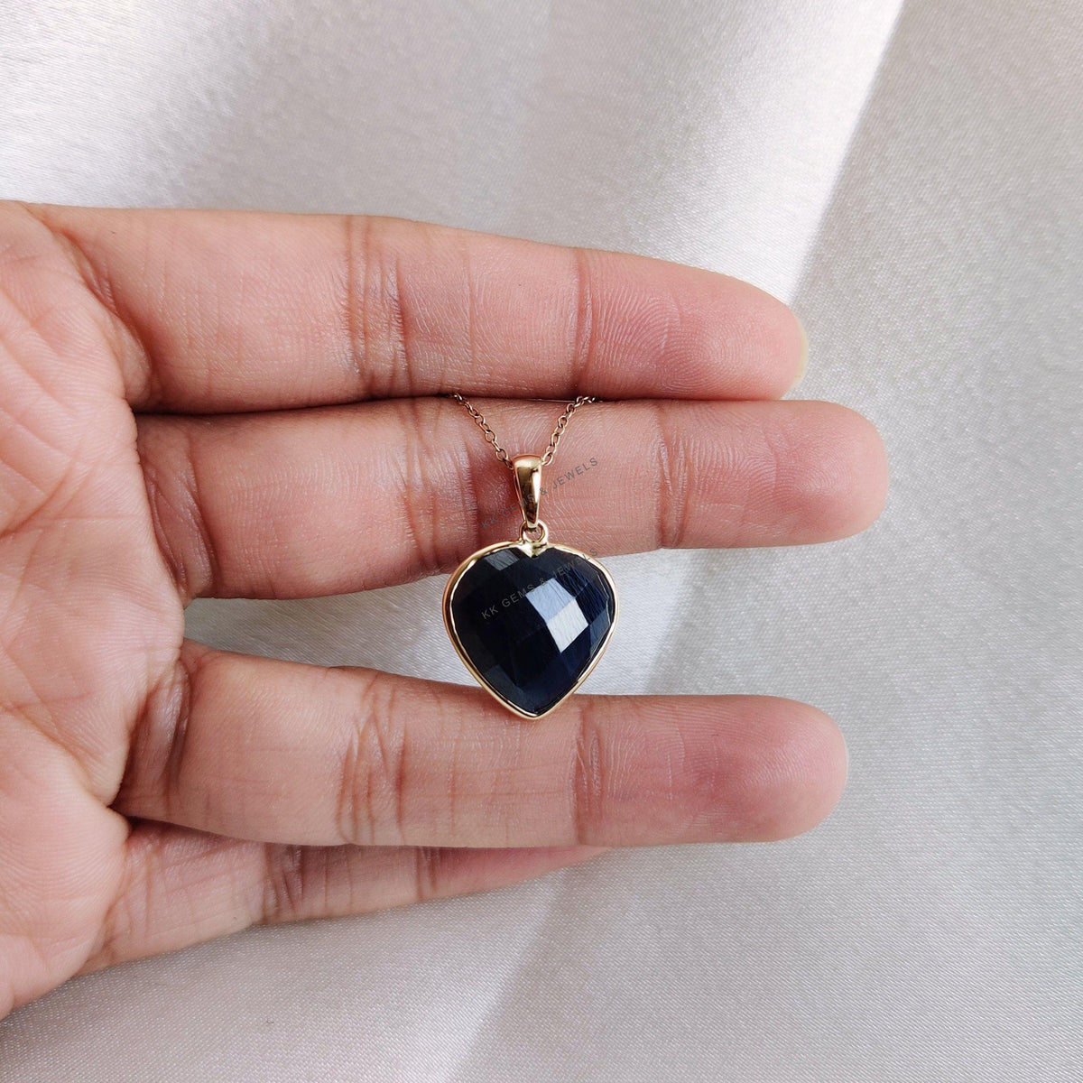 14K Solid Yellow Gold Natural Blue Sapphire Heart Pendant, September Birthstone