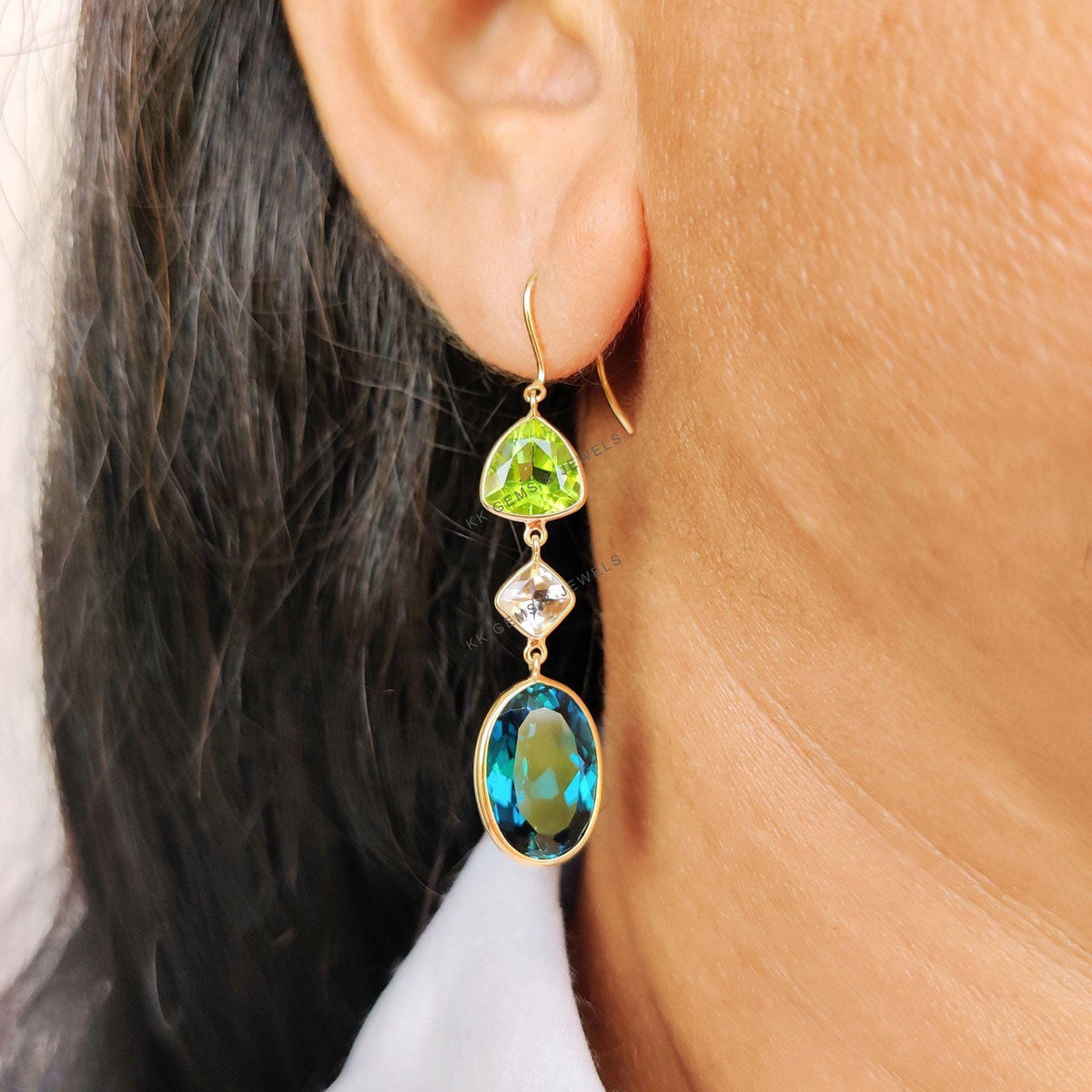 14K Solid Gold Natural London Blue Topaz & Morganite and Peridot Dangle Earrings, Christmas Gift