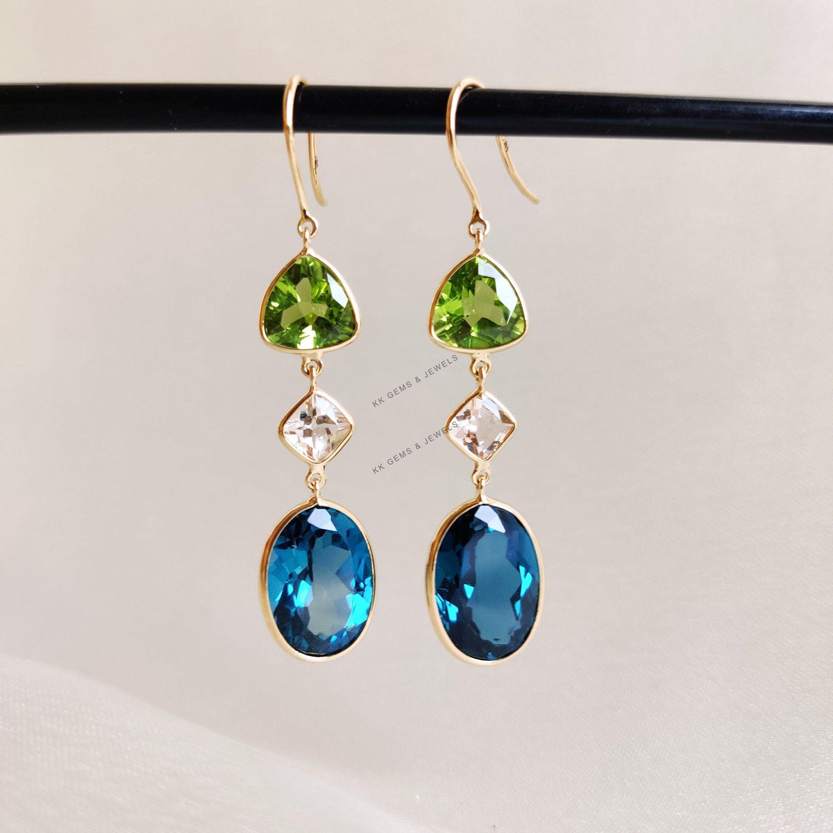 14K Solid Gold Natural London Blue Topaz & Morganite and Peridot Dangle Earrings, Christmas Gift