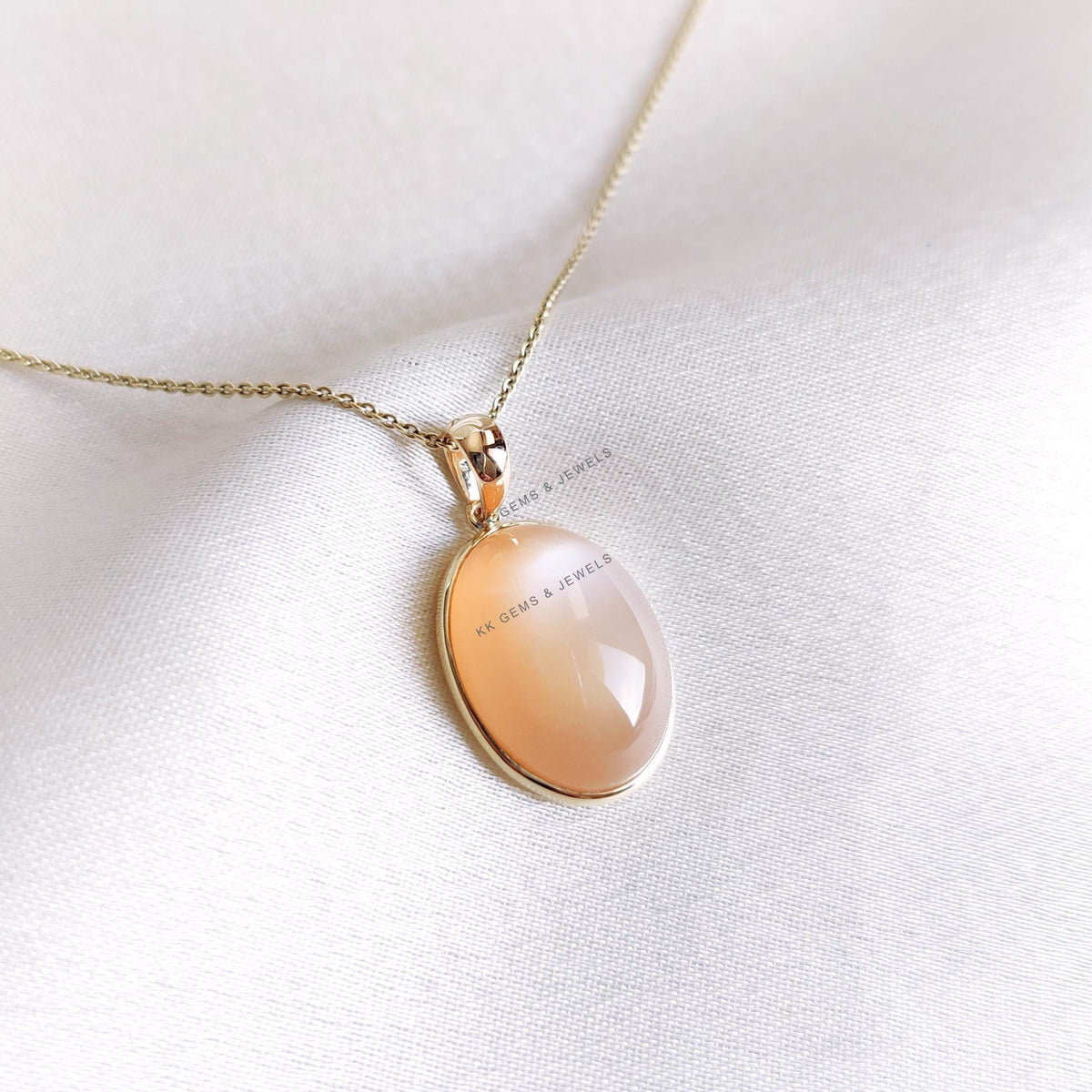 14K Solid Yellow Gold Natural Peach Moonstone Pendant, June Birthstone
