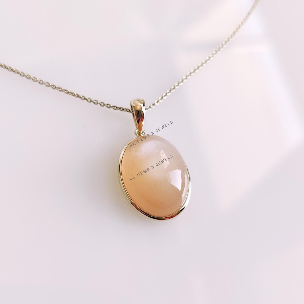 14K Solid Yellow Gold Natural Peach Moonstone Pendant, June Birthstone