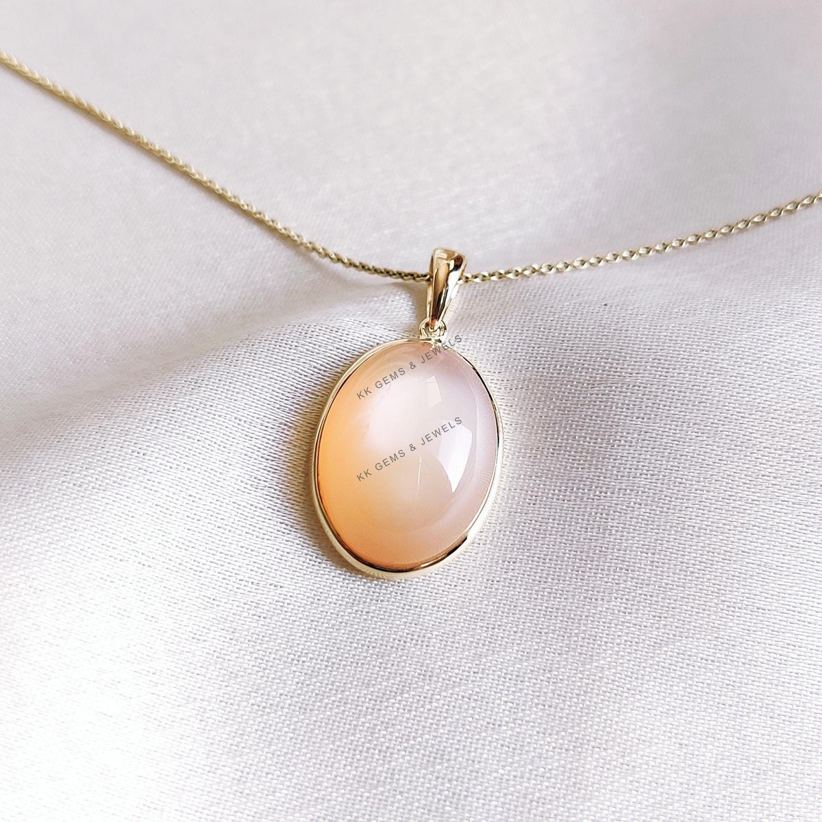 14K Solid Yellow Gold Natural Peach Moonstone Pendant, June Birthstone