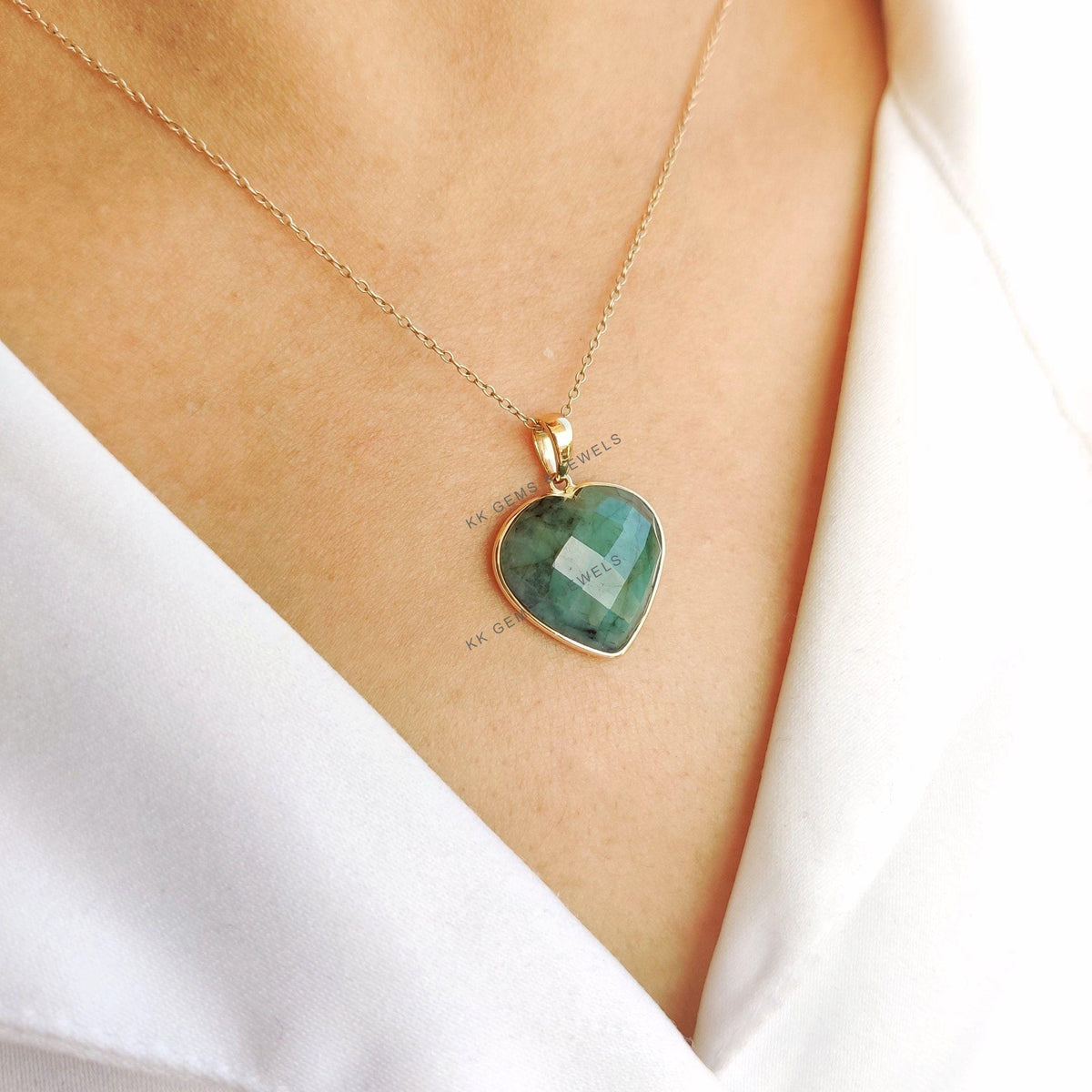 Natural Emerald Heart Pendant, 14K Solid Yellow Gold, May Birthstone