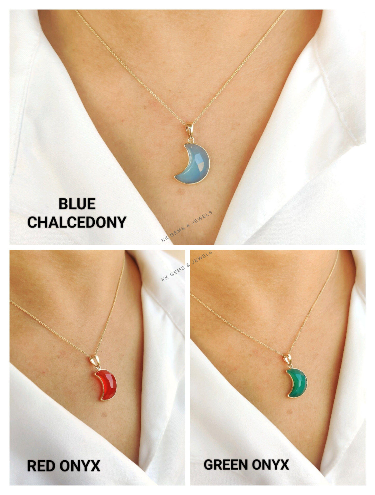 14K Solid Yellow Gold Moon Pendant, Natural Onyx Chalcedony Crescent Jewelry