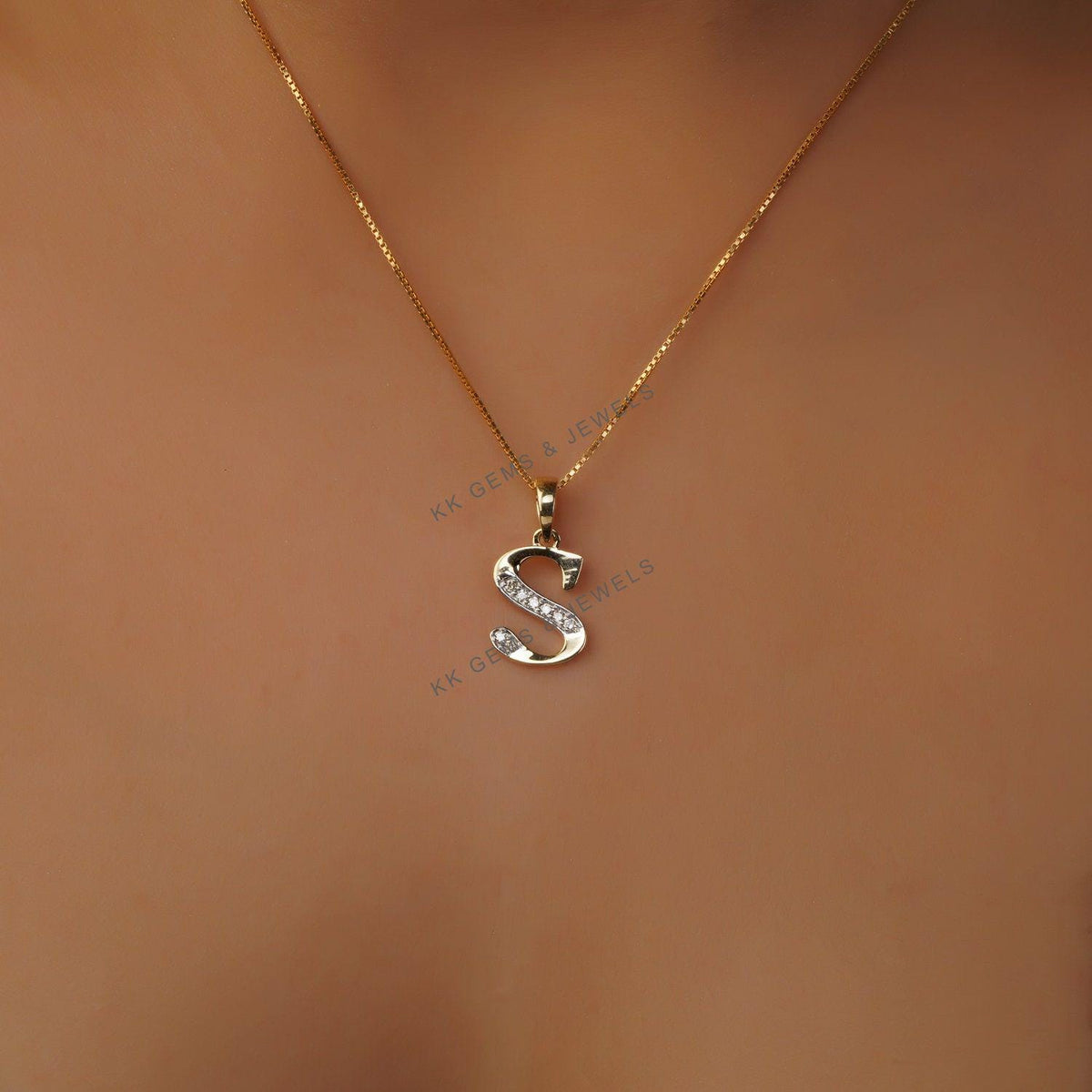 14K Solid Gold Initial S Diamond Pendant, Alphabet Diamond