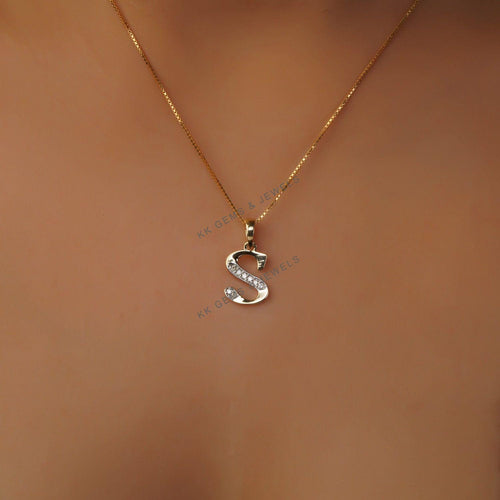 14K Solid Gold Initial S Diamond Pendant, Alphabet Diamond
