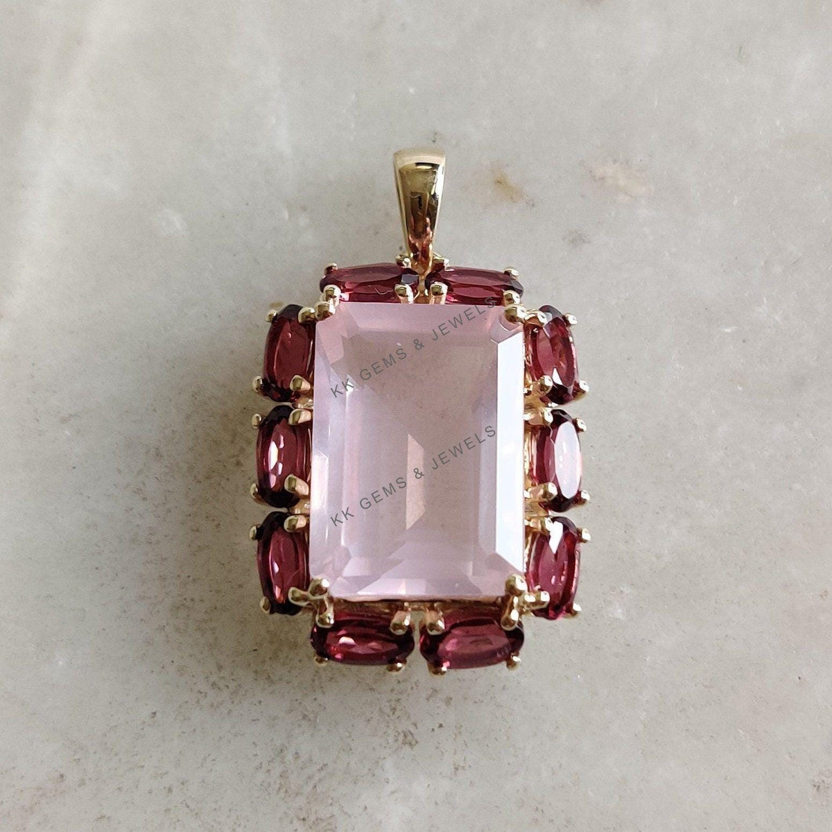 14K Solid Yellow Gold Natural Rose Quartz & Rhodolite Garnet Pendant, Wedding Jewelry