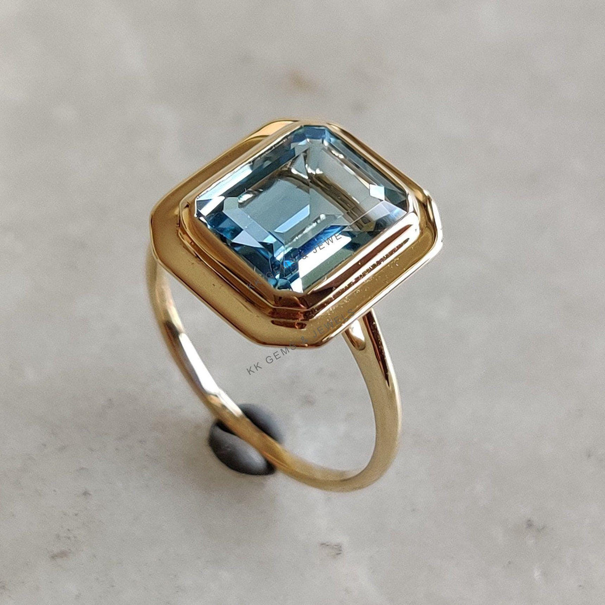 14K Solid Yellow Gold Natural Sky Blue Topaz Ring, December Birthstone