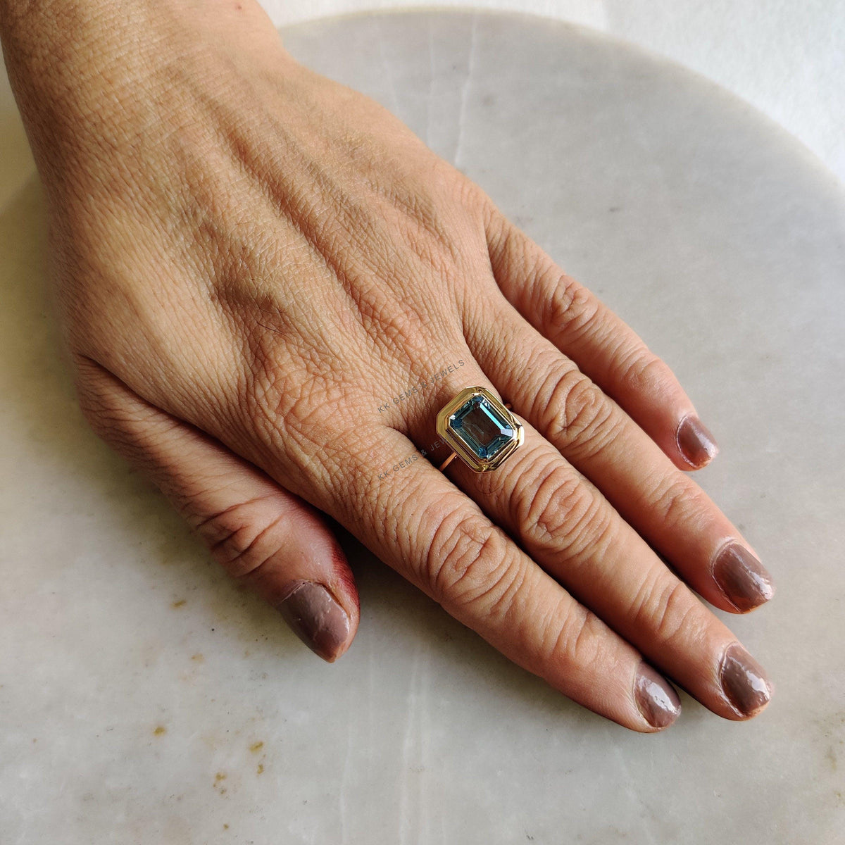 14K Solid Yellow Gold Natural Sky Blue Topaz Ring, December Birthstone