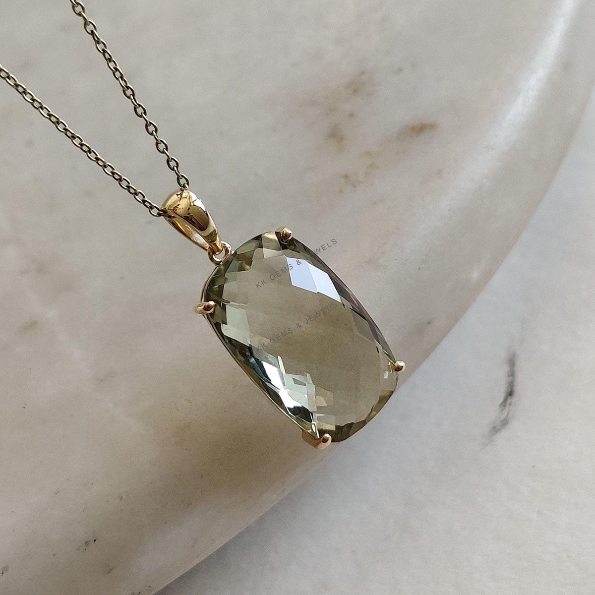 14K Solid Gold Natural Green Amethyst Pendant, February Birthstone