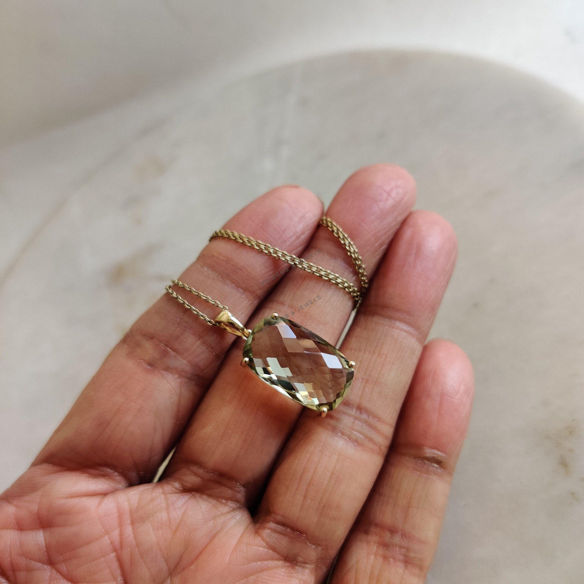 14K Solid Gold Natural Green Amethyst Pendant, February Birthstone