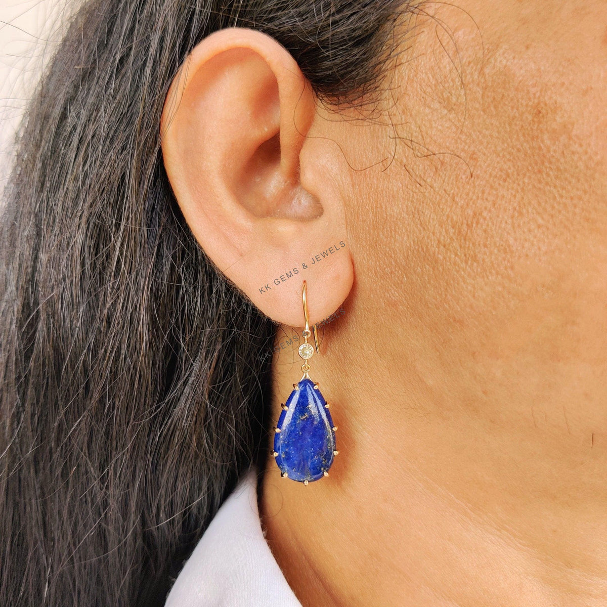 14K Solid Gold Natural Lapis Lazuli & Diamond Earrings, Christmas Present