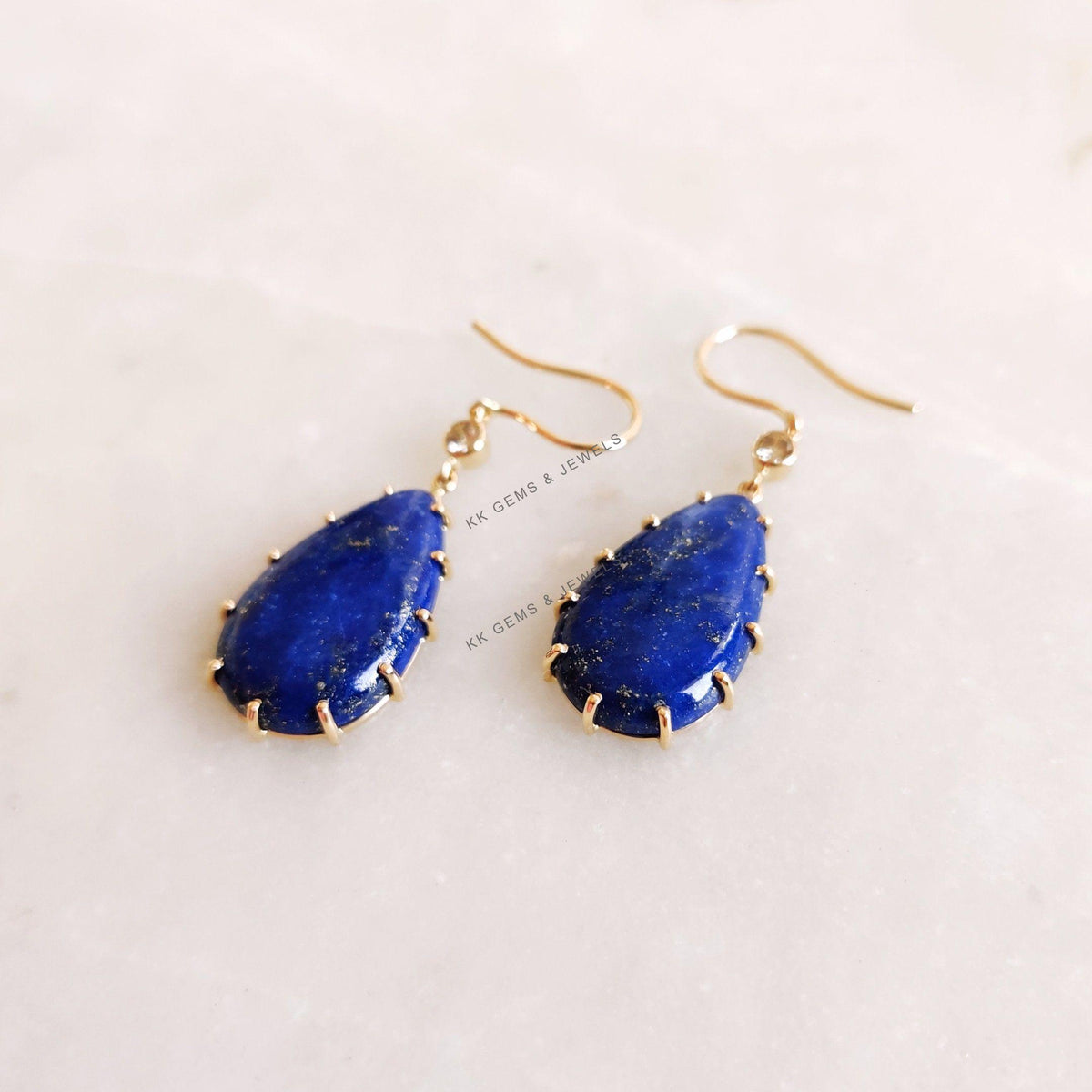 14K Solid Gold Natural Lapis Lazuli & Diamond Earrings, Christmas Present