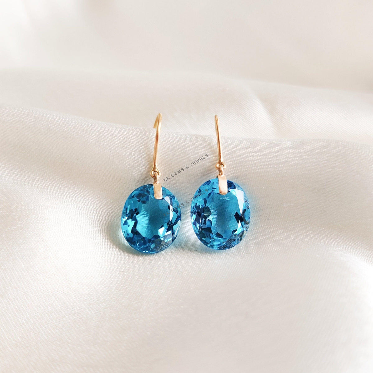 14K Solid Gold Natural Swiss Blue Topaz Drill Earrings, December Birthstone