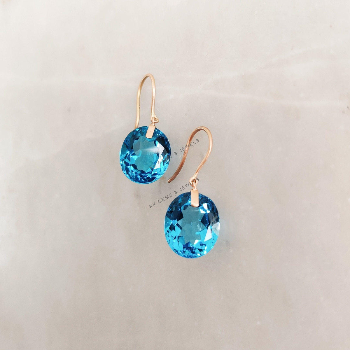 14K Solid Gold Natural Swiss Blue Topaz Drill Earrings, December Birthstone