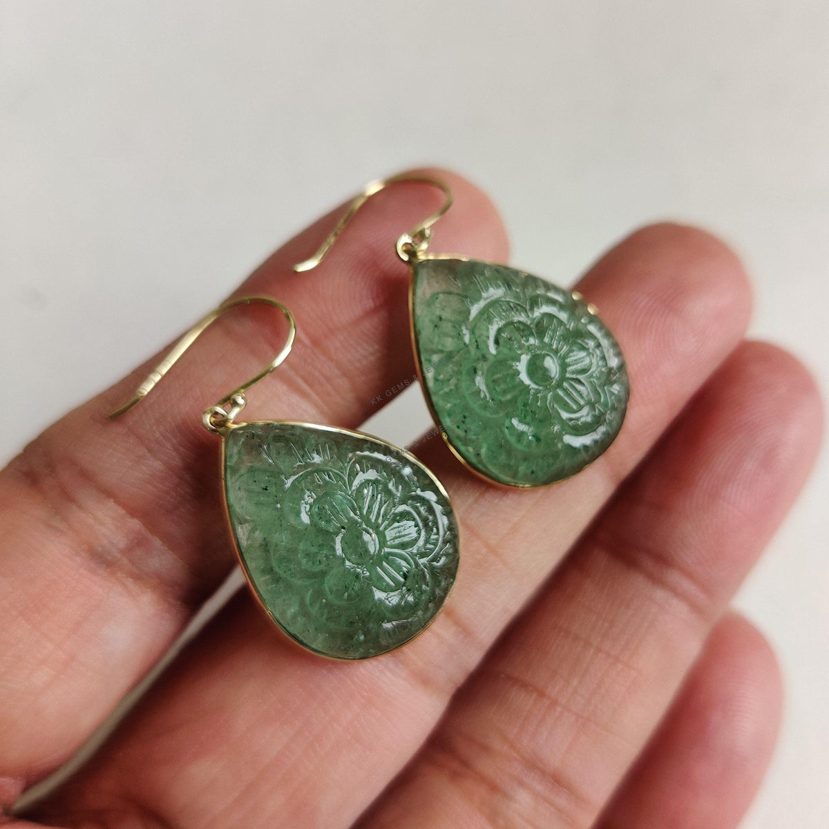 14K Solid Yellow Gold Natural Green Aventurine Earrings, Carving Teardrop Bezel Earring