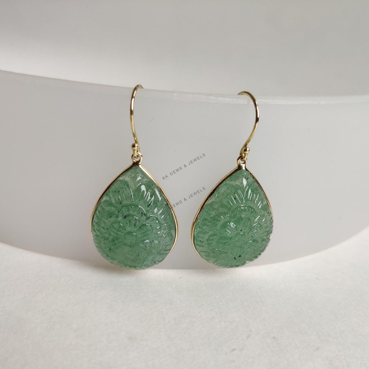 14K Solid Yellow Gold Natural Green Aventurine Earrings, Carving Teardrop Bezel Earring