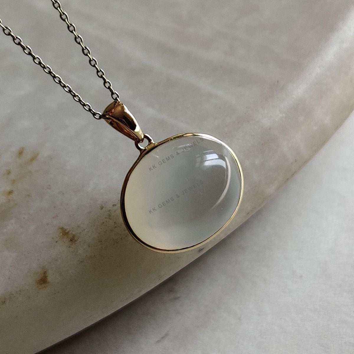 14K Solid Gold Natural White Moonstone Pendant, June Birthstone Jewelry