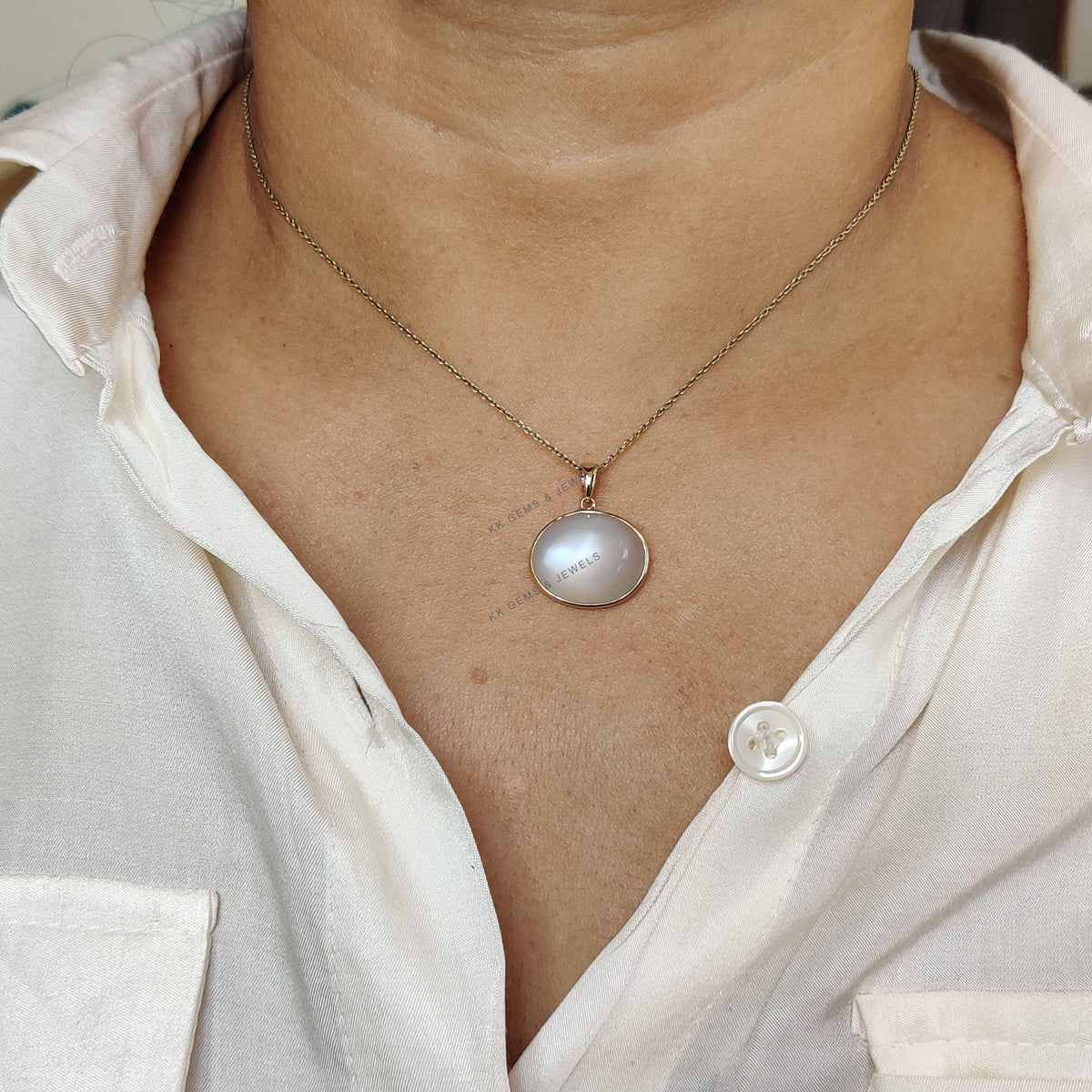 14K Solid Gold Natural White Moonstone Pendant, June Birthstone Jewelry