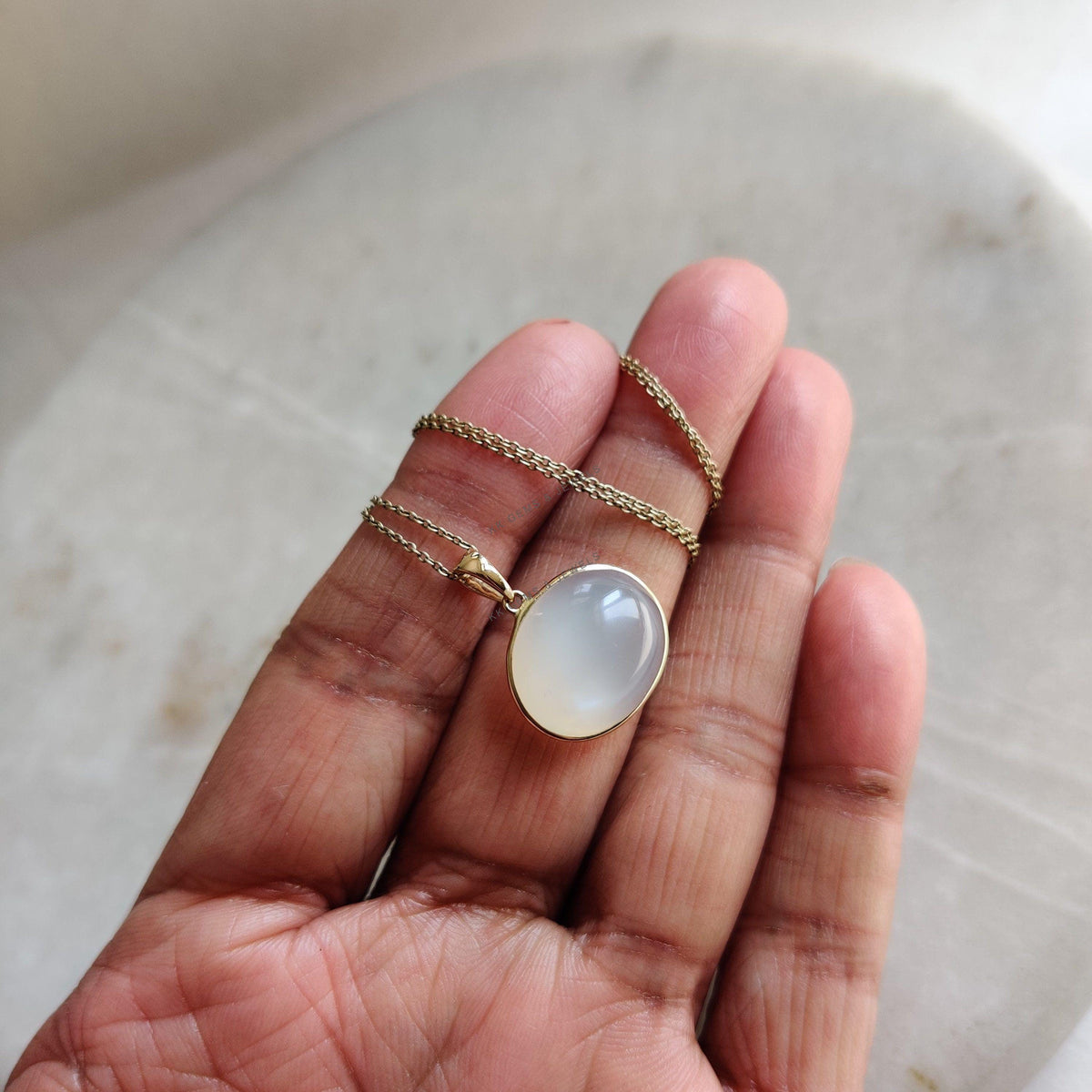 14K Solid Gold Natural White Moonstone Pendant, June Birthstone Jewelry