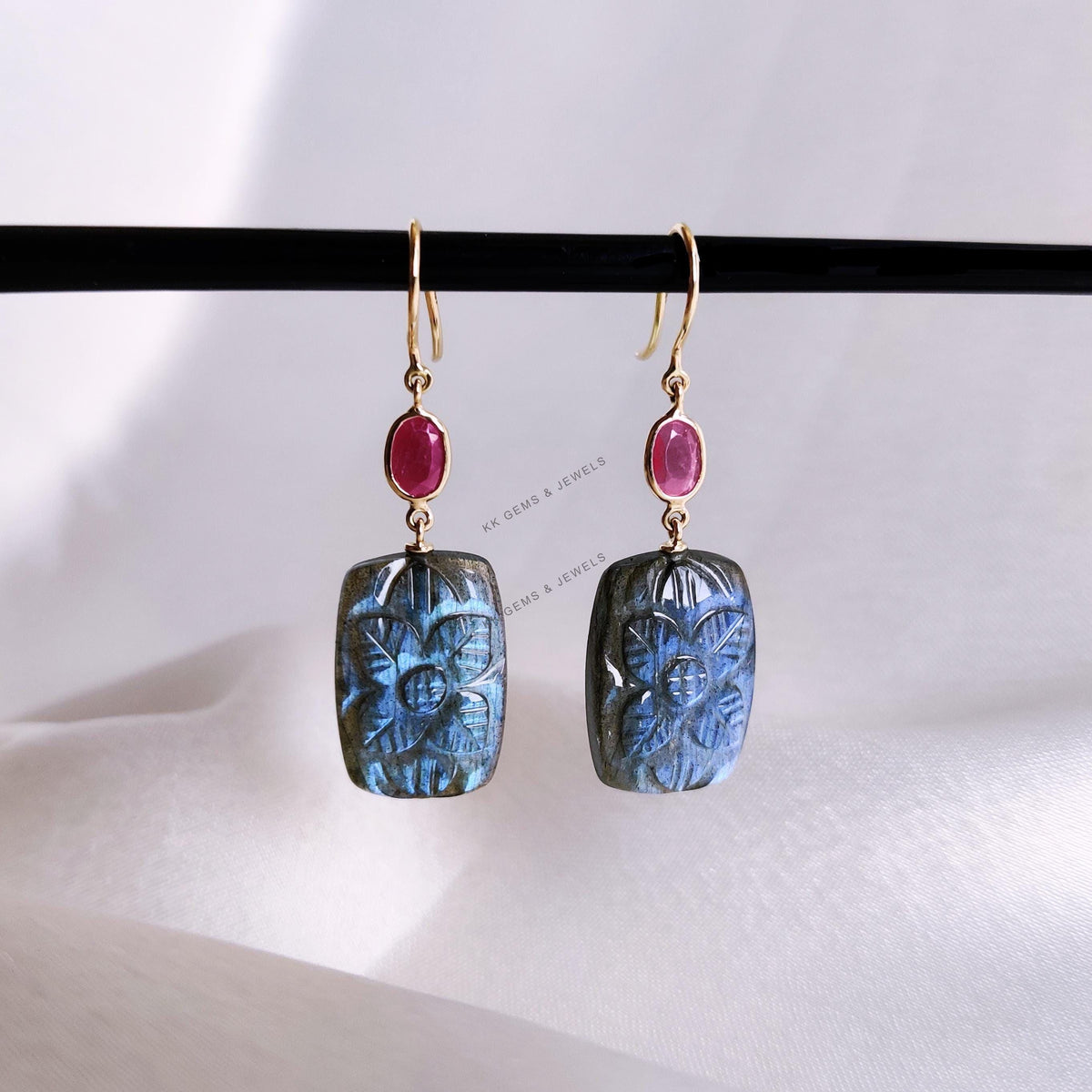 Natural Ruby & Labradorite Earrings, 14K Solid Yellow Gold, Floral Carving Jewelry