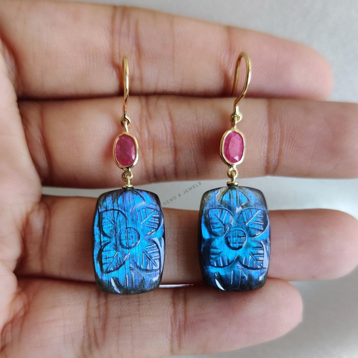 Natural Ruby & Labradorite Earrings, 14K Solid Yellow Gold, Floral Carving Jewelry