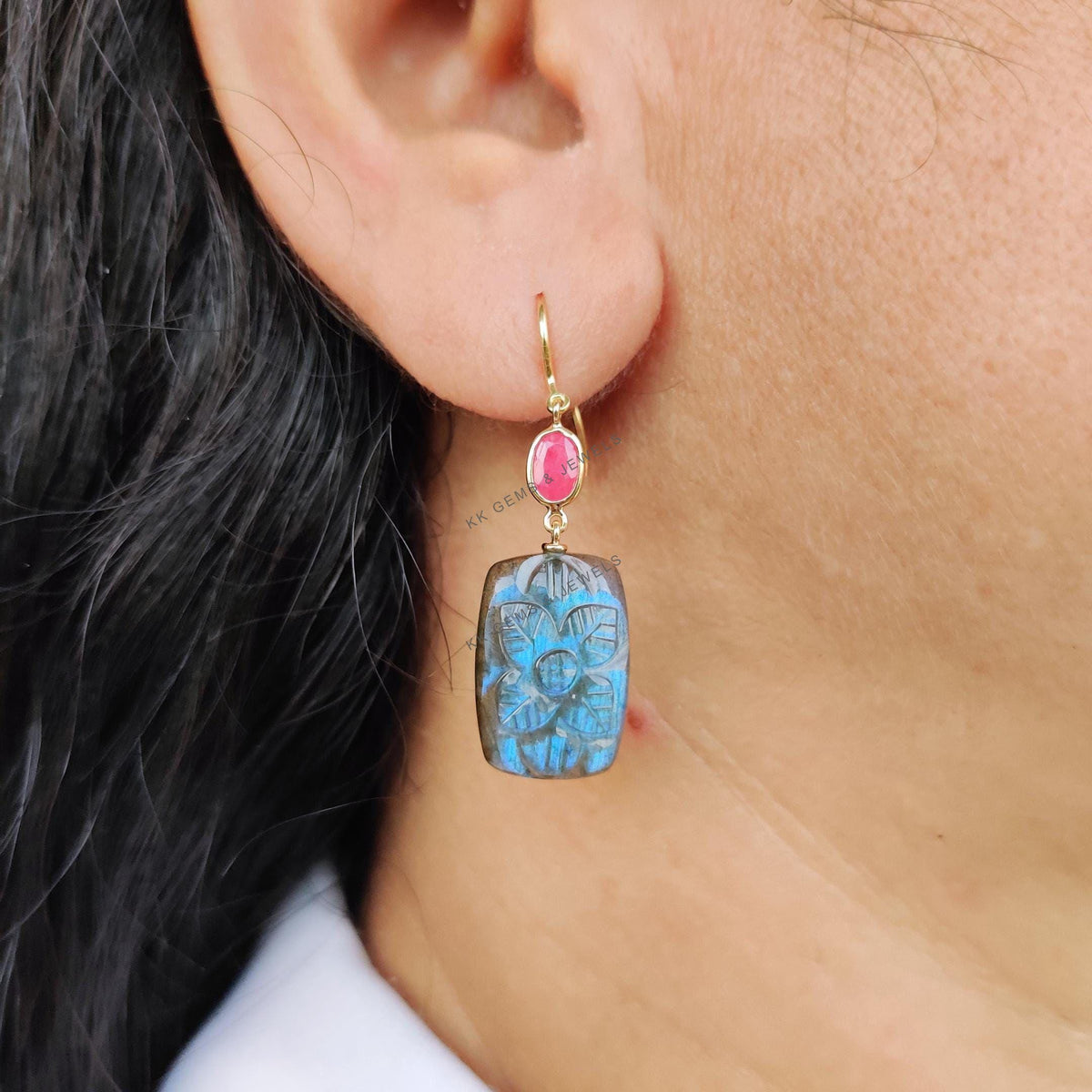 Natural Ruby & Labradorite Earrings, 14K Solid Yellow Gold, Floral Carving Jewelry