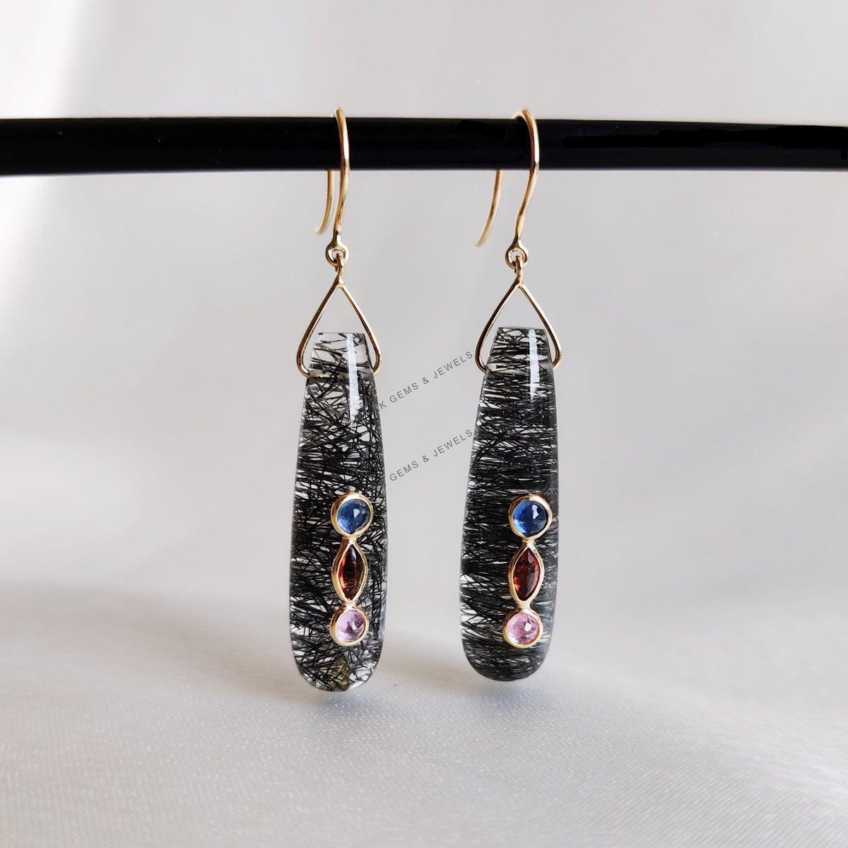 14K Solid Gold Natural Black Rutile & Multi Sapphire Drill Danglers , April Birthstone