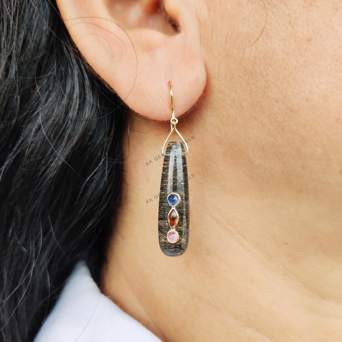 14K Solid Gold Natural Black Rutile & Multi Sapphire Drill Danglers , April Birthstone