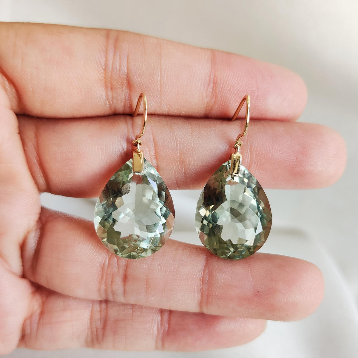 14K Solid Yellow Gold Natural Green Amethyst Pear Drill Earrings, February Birthstone