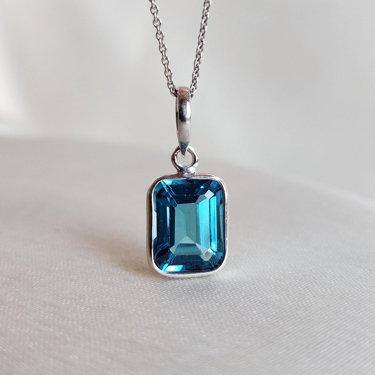 Emerald Cut Natural London Blue Topaz Pendant, 14K Solid White Gold, December Birthstone
