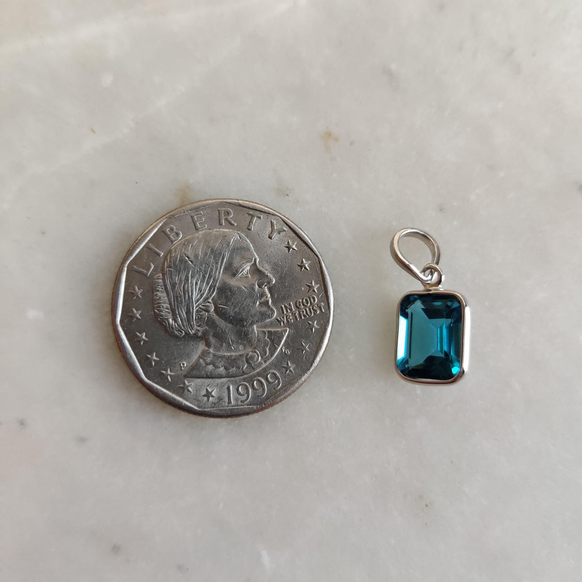 Emerald Cut Natural London Blue Topaz Pendant, 14K Solid White Gold, December Birthstone