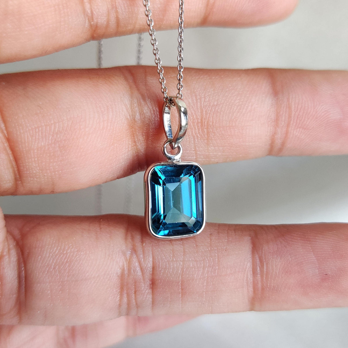 Emerald Cut Natural London Blue Topaz Pendant, 14K Solid White Gold, December Birthstone