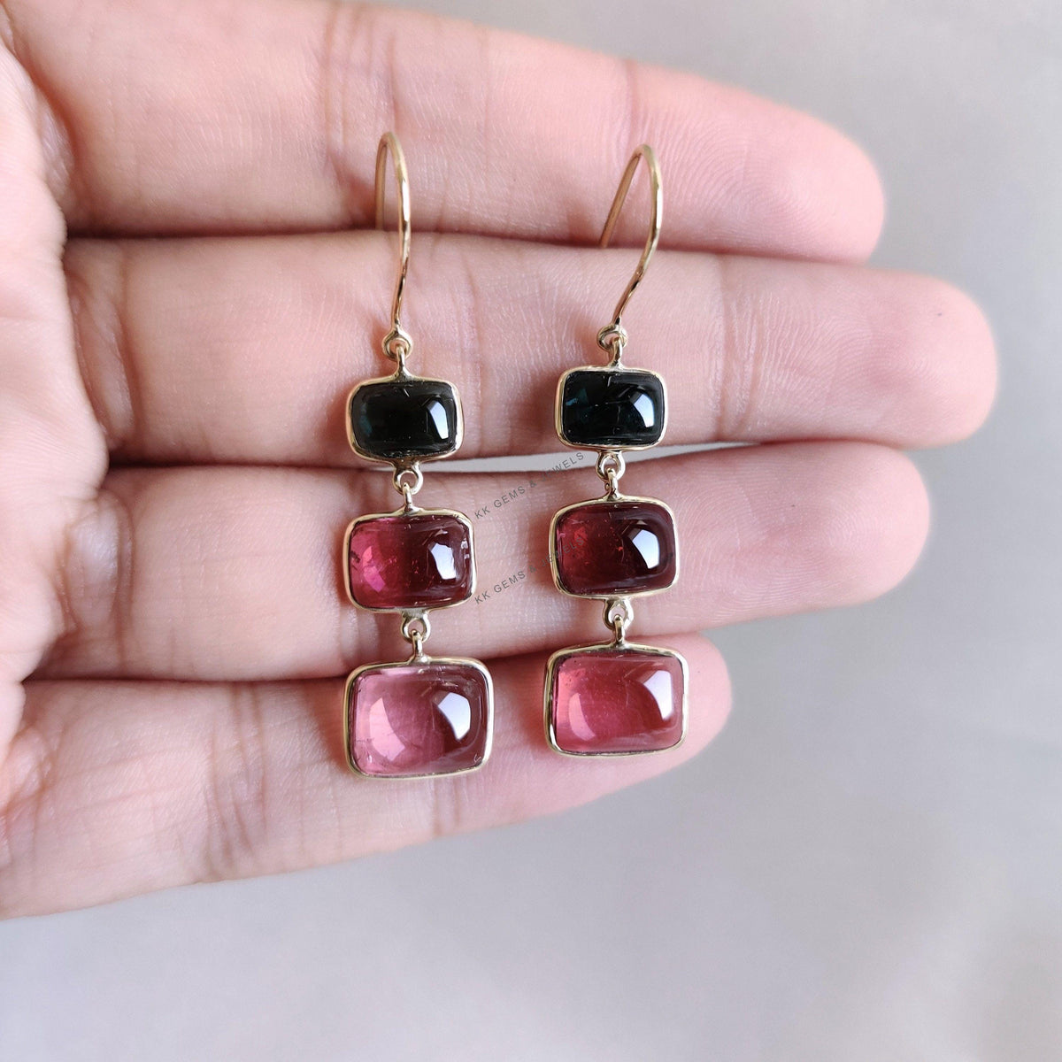 Natural Multi Tourmaline Earrings, 14K Solid Yellow Gold Bezel Earrings