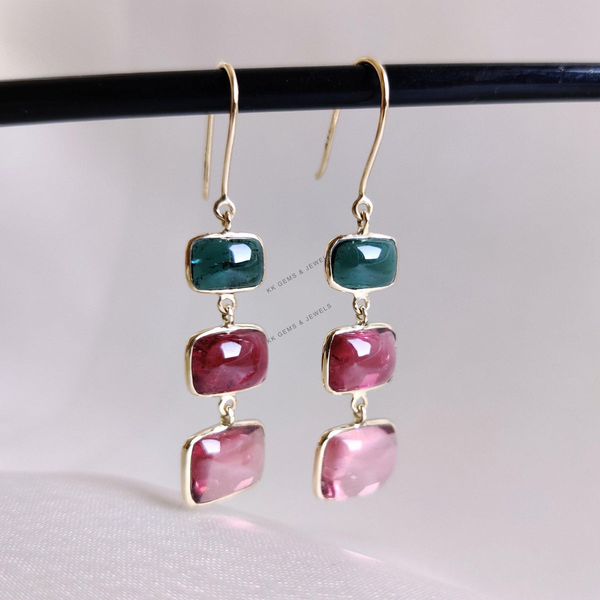 Natural Multi Tourmaline Earrings, 14K Solid Yellow Gold Bezel Earrings