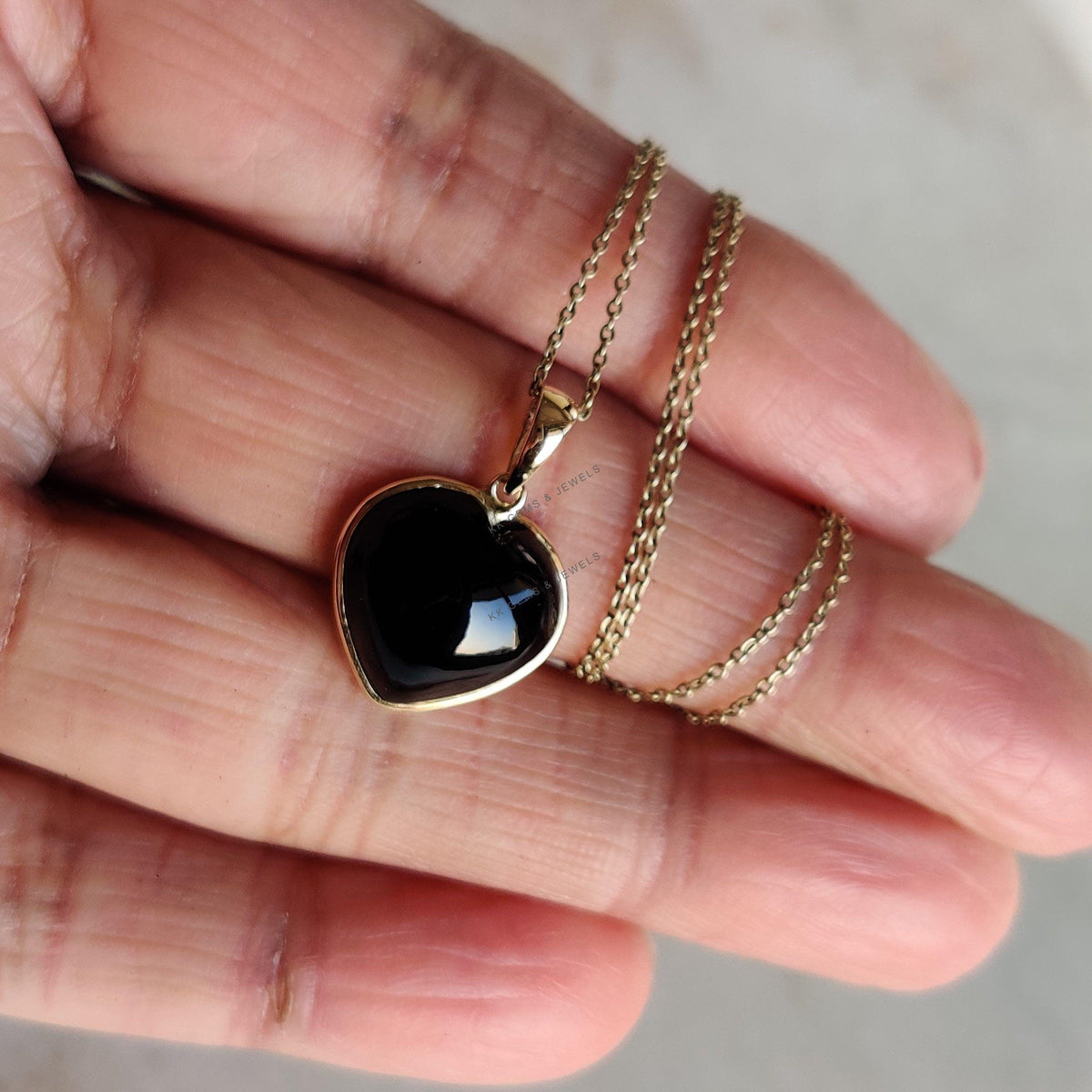 Natural Black Onyx Heart Pendant: 14K Solid Yellow Gold, December Birthstone
