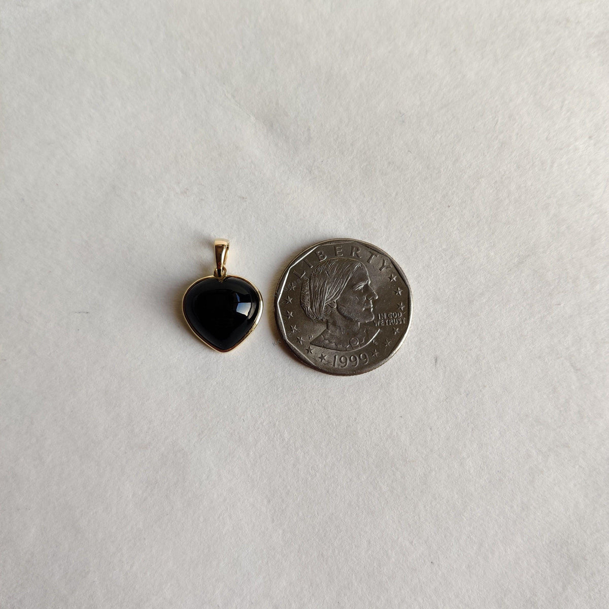 Natural Black Onyx Heart Pendant: 14K Solid Yellow Gold, December Birthstone