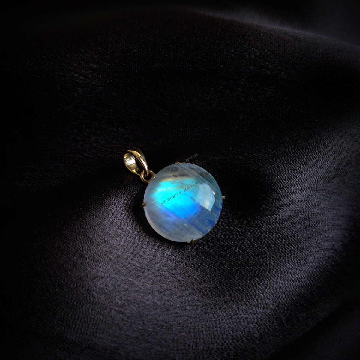 Natural Rainbow Moonstone Pendant, 14K Solid Yellow Gold, June Birthstone
