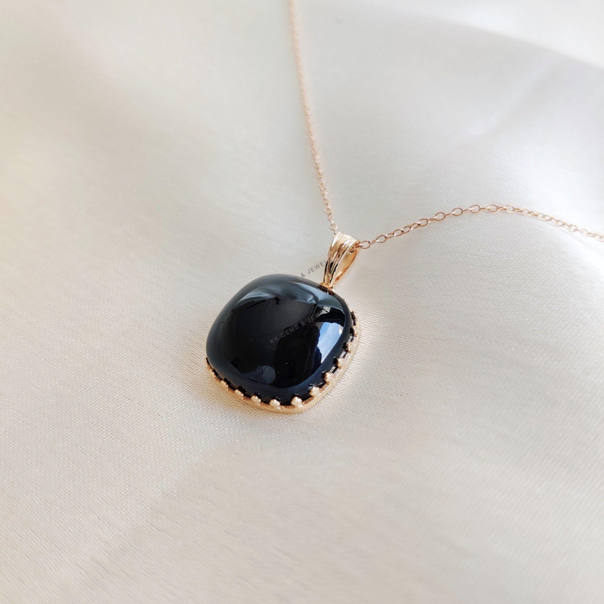 14K Solid Yellow Gold Natural Black Onyx Pendant, Cushion Cut