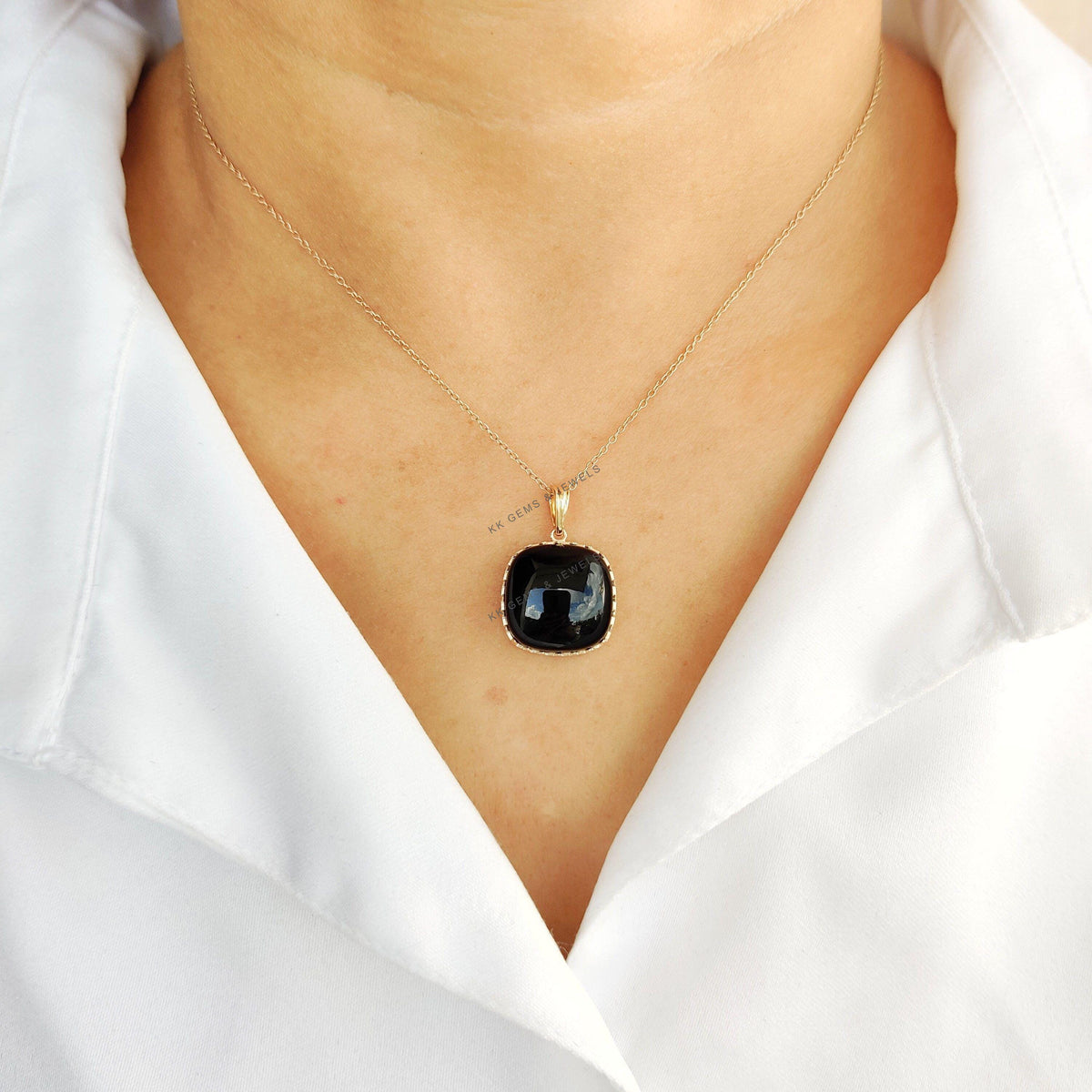14K Solid Yellow Gold Natural Black Onyx Pendant, Cushion Cut