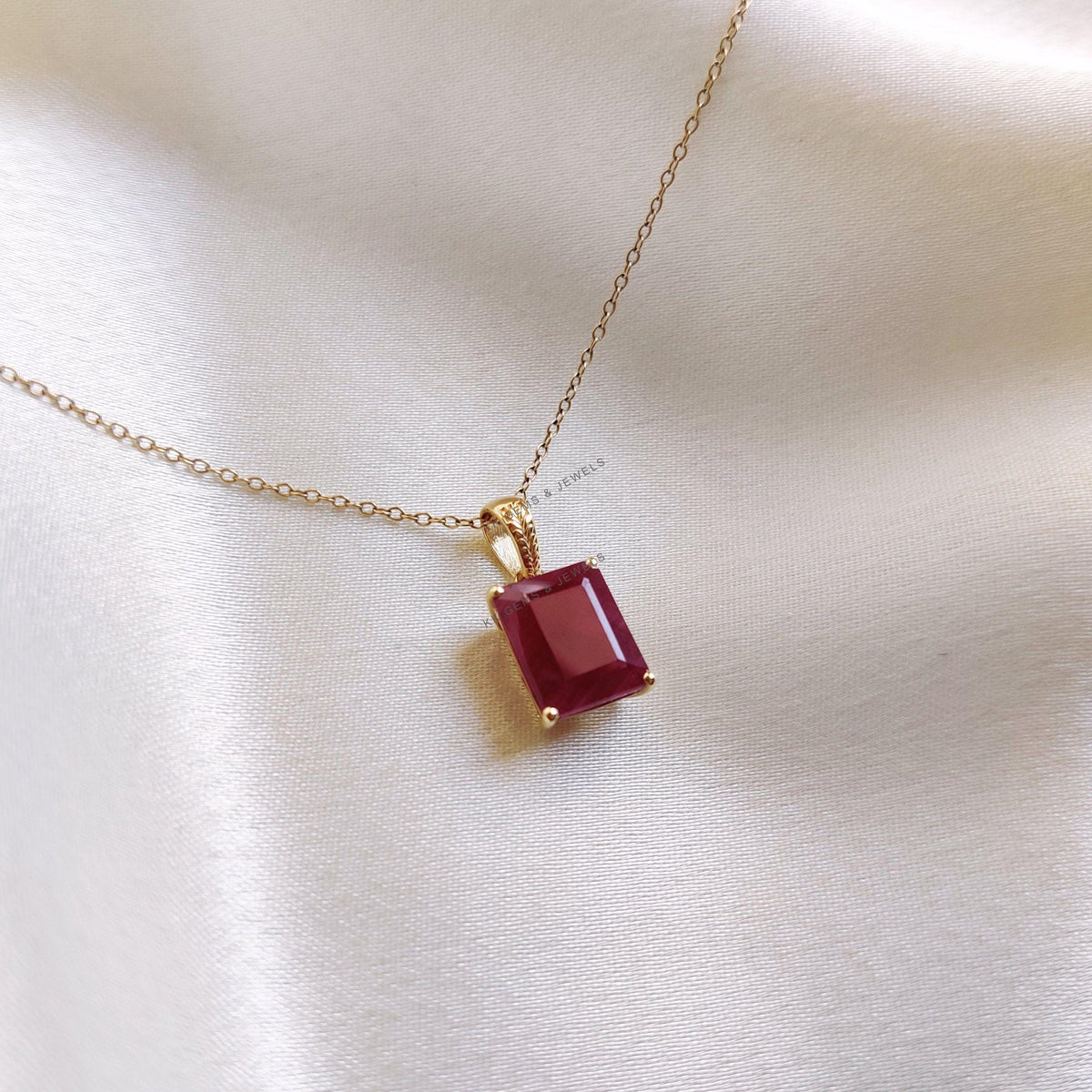 14K Solid Yellow Gold Natural Ruby Octagon Pendant, July Birthstone