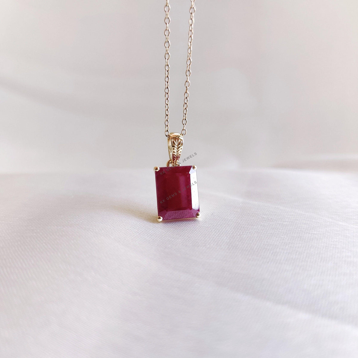 14K Solid Yellow Gold Natural Ruby Octagon Pendant, July Birthstone