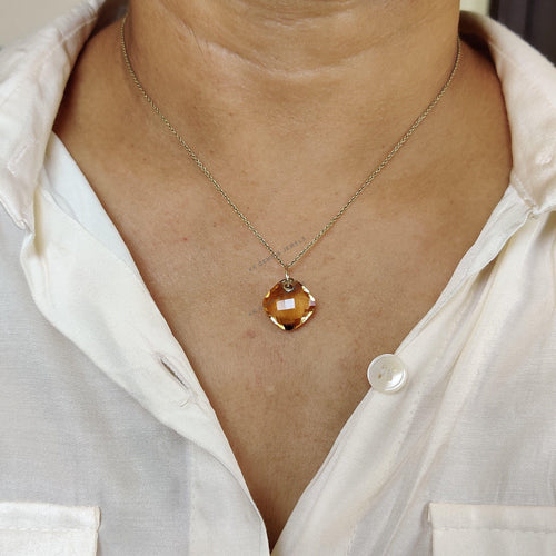 14K Solid Gold Natural Citrine Pendant: Square Cushion Cut November Birthstone