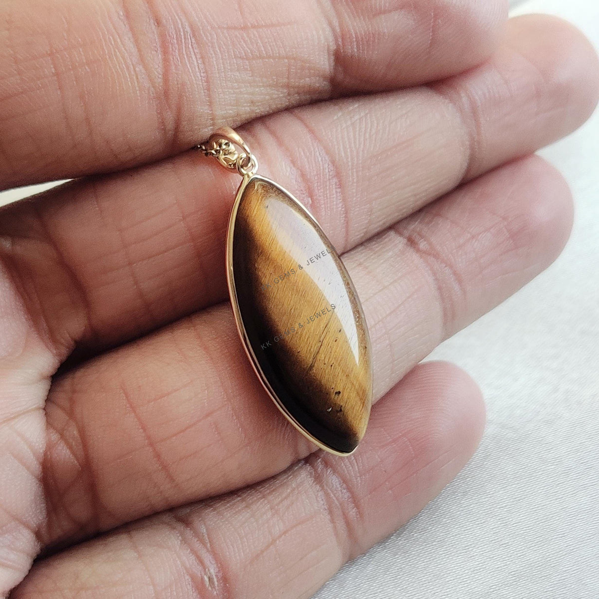 14K Solid Yellow Gold Natural Tiger Eye Marquise Pendant, June Birthstone