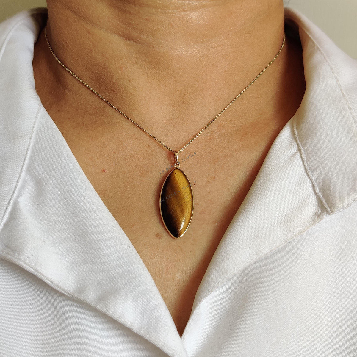 14K Solid Yellow Gold Natural Tiger Eye Marquise Pendant, June Birthstone
