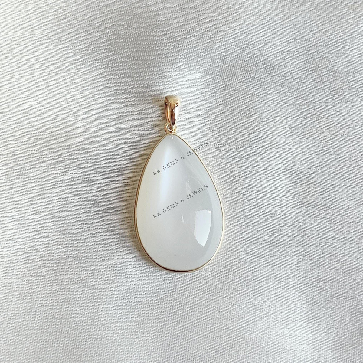 14K Solid Gold Natural White Moonstone Pendant, Pear Cabochon, June Birthstone