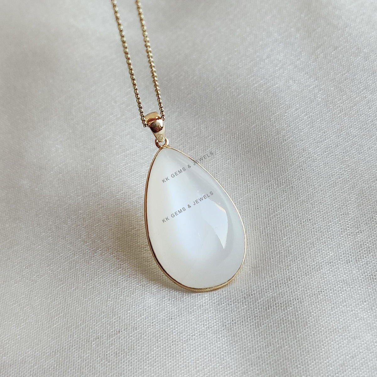 14K Solid Gold Natural White Moonstone Pendant, Pear Cabochon, June Birthstone